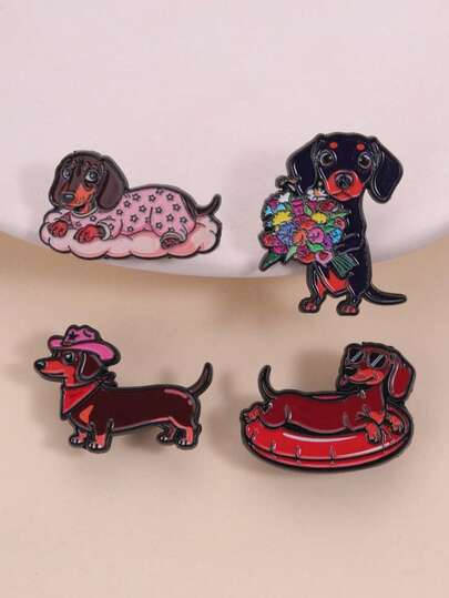 Dachshund Enamel Pins - Red-Brown Dachshund Fashion Glasses Poolside Lounging, Black-Brown Starry Pajamas Cloud Resting, Black-Brown Bouquet Romantic Confession, And Red-Brown Pink Cowboy Hat & Bandana Western Styles, Perfect Accessories For Dachshund Lovers, Pet Owners, And Cute Pin Collectors