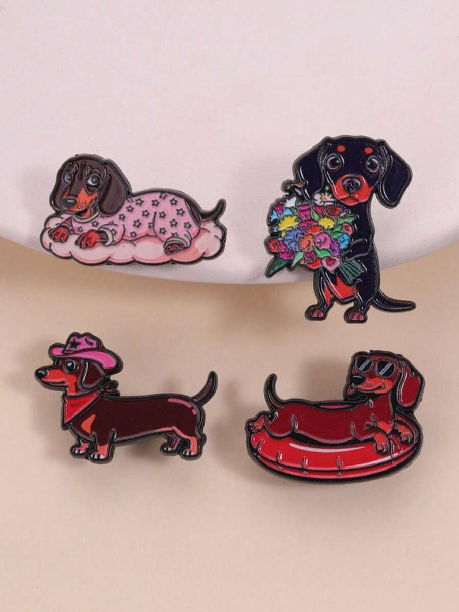 腊肠犬珐琅徽章 - 红棕色腊肠犬时尚眼镜泳池边休闲装、黑棕色星空睡衣云朵休憩装、黑棕色花束浪漫告白装以及红棕色粉色牛仔帽和头巾西部风情装，是腊肠犬爱好者、宠物主人和可爱徽章收藏家的完美配饰。