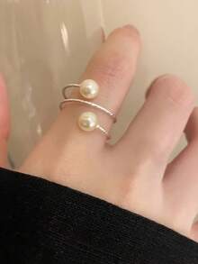 1枚珍珠缠绕可调节开口戒指 - 銀色 - 查看 3