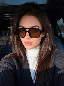 1pc Retro Large Frame Double Bridge Women's Fashion Glasses, High-End Street Style - Black Frame Tea Leaves - View 2