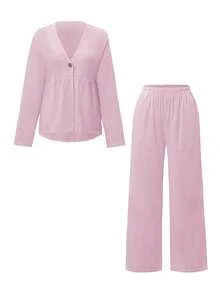 Look Polly Women's Spring Summer Casual Gentle Textured Cotton V Neck Single Button Ruffle Hem Top & High Waisted Wide Leg Pants Two Pieces Set Pink Vacation Outfit - Baby Pink - View 3