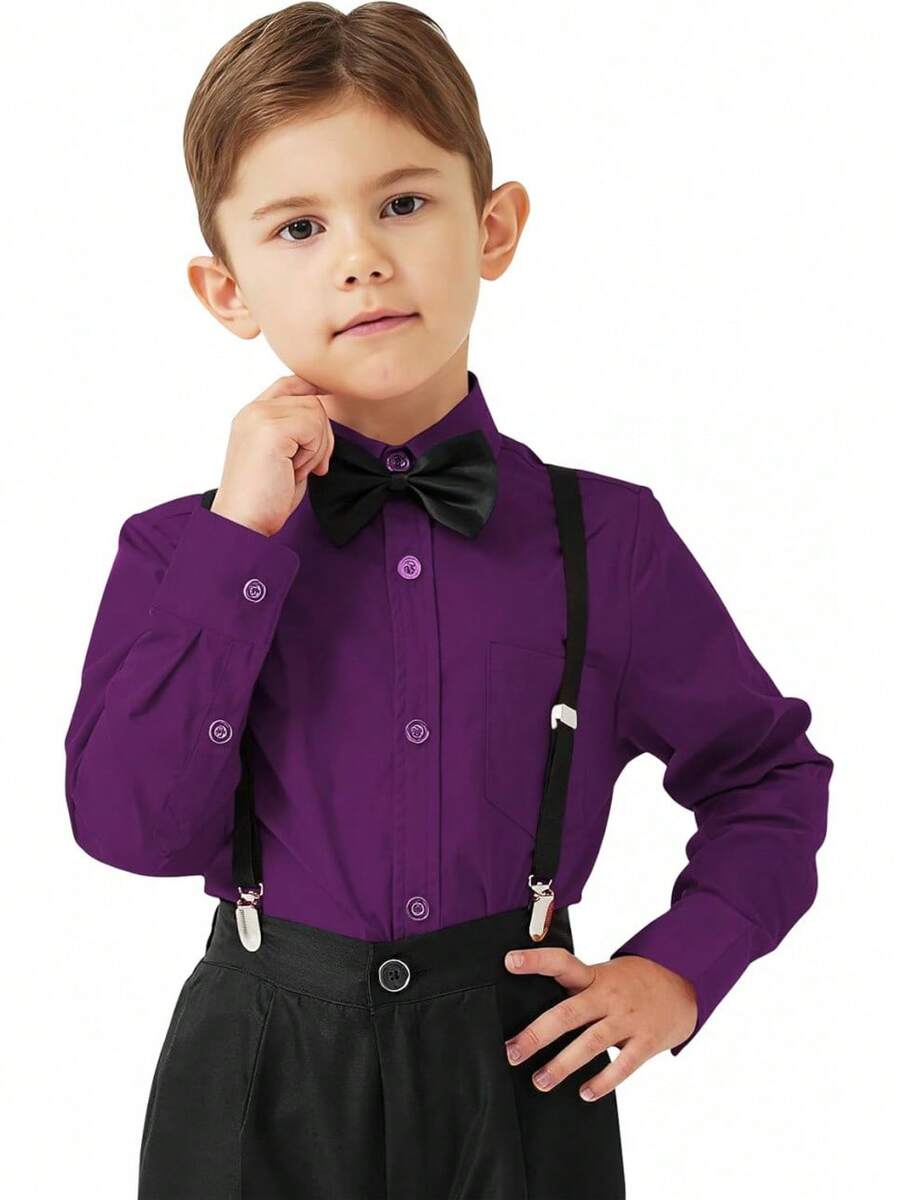 9 Month-16Y Boys' Long Sleeve Button Down Toddler Dress Shirt Oxford Uniform Shirt With Chest Pocket - P-boy 連身裙-紫色 - 查看 1