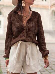 宽松女士秋季服装，半透明针织开衫，长袖，圆领，前襟纽扣，简约优雅，时尚女性春季衣橱必备单品 - 咖啡棕 - 查看 3