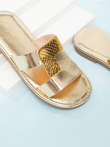 Sandalias planas minimalistas casuales para niñas, estilo de vacaciones - Dorado - Ver 4