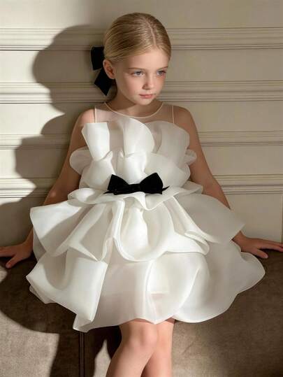 Young Girl Ruffle Bow Tulle Party Dress, Princess Cake Dress Suitable For Baby Birthday, Anniversary, Wedding, Holiday Celebration, Flower Girl