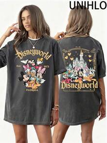 Disney UNIHLO  Mickey  Printed Summer Heavyweight Retro Washed Street Fashion Casual T-Shirt - Black - View 1