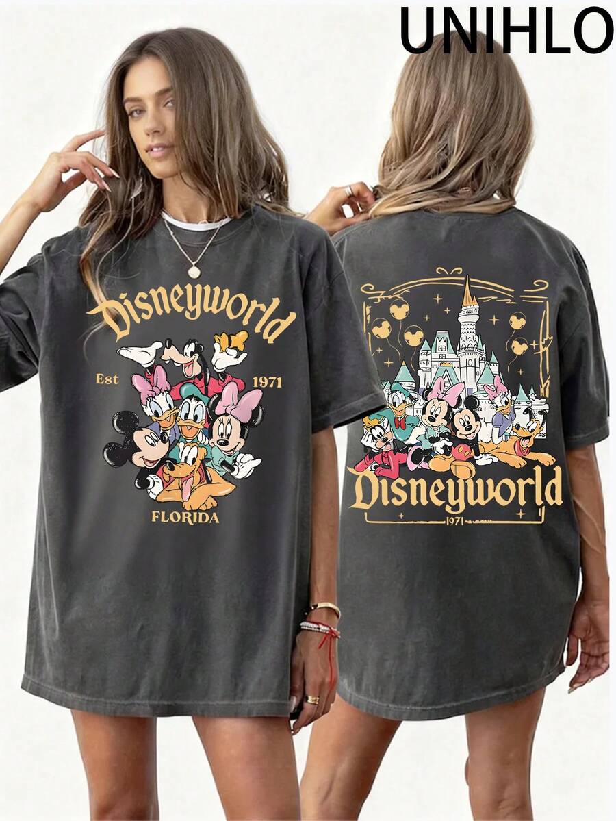 Disney UNIHLO  Mickey  Printed Summer Heavyweight Retro Washed Street Fashion Casual T-Shirt - Black - View 1