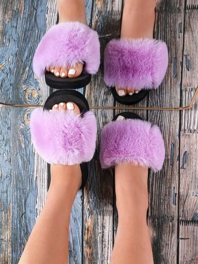 All-Season Comfort, Ladies Fashion Plush Slippers, Fluffy Decor Single Band Slides Spring And Summer Women Sandals, Summer Hand Washable Fabric Upper & Insole, Cozy Home Footwear