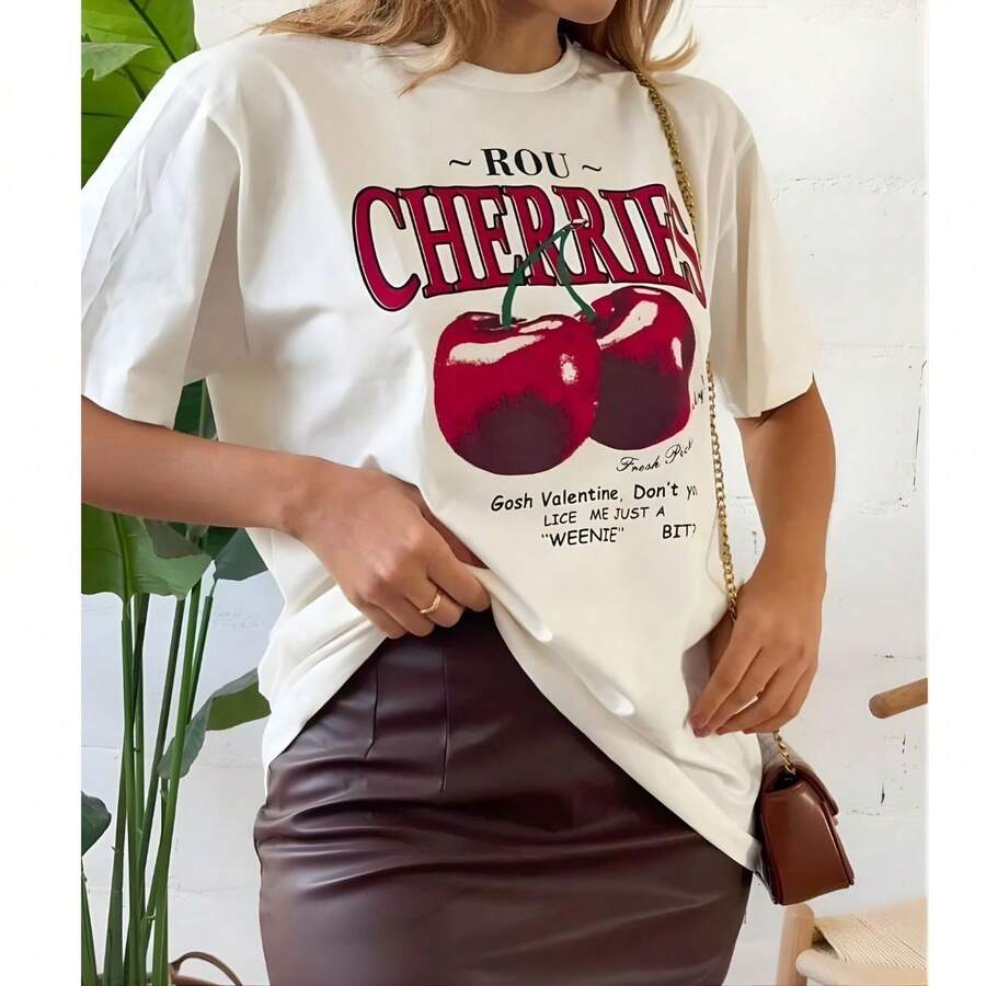 Women's Elegant T-Shirt With Cherry Print And Phrases, Premium Cotton 30.1 - 白色 - 查看 1