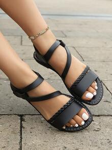 Teenage New Woven Strap Criss-Cross Decor Flat Sandals, Minimalist Casual Style, Suitable For Daily Commute, Holiday Outing, Campus Wear, Hanging Out With Friends. White Woven Strap Flat Sandals, Black Woven Strap Flat Sandals - Black - View 5