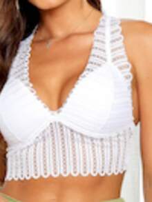 Croped Top Renda Borboleta Branco com Design Elegante e Confortável para Guarda-Roupa Versátil Camis  Babado    Férias  Praia - Branco - Visão 3