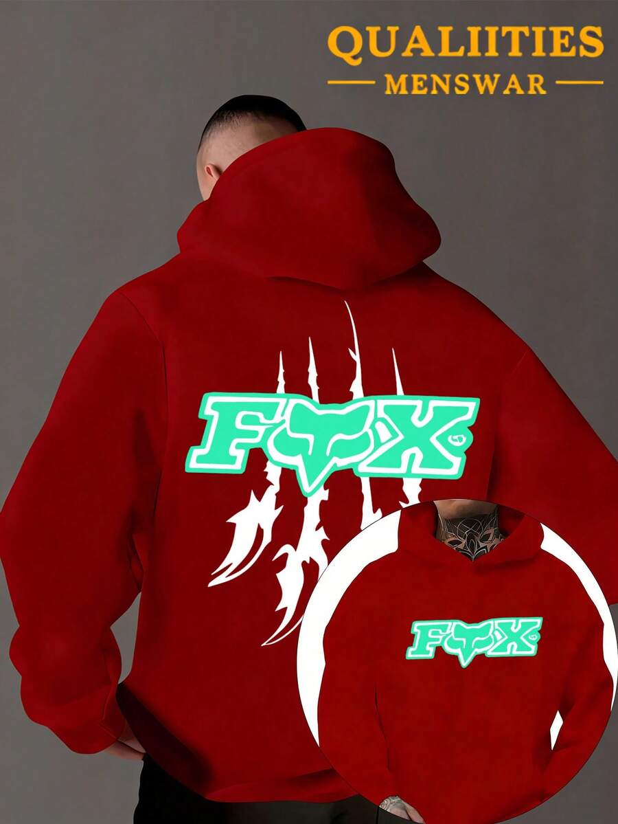 The Men's Style Is Suitable For Black Casual Fashion In Spring And Autumn Or Winter, Integrating Hardcore Extreme Sports Culture With American Street Style Hooded Plush Warm Hooded Sweatshirt. The Bold And Wild "FOX" Words On A Red Background And White Border Are The Core Visual, Matched With White Claw Print, And The Arms Are Also Printed With Corresponding FOX Patterns. The Multi-Functional Sports And Casual Loose Fit Is Suitable For Daily Travel And Street Wear, Made Of Soft Fabric - Burgundy - View 1