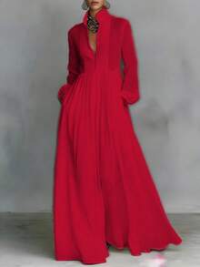 Spring And Summer New Temperament Waist Thin Long Sleeves Pleated Word Long Holiday Skirt French White Dress - Red - View 3
