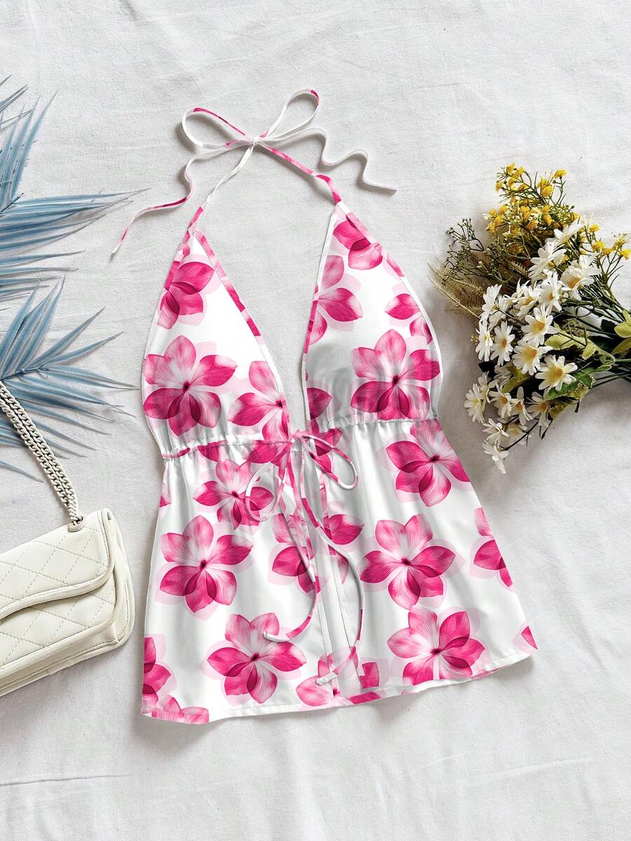 女士露背吊带背心，花卉叶子印花图案，蝴蝶结露背沙滩度假上衣 - 玫紅色 - 查看 1