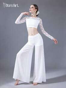 DonsGirl Bộ đồ nữ gồm áo hai dây ren trễ vai và quần ống rộng - Thích hợp cho yoga trên không, biểu diễn ba lê hiện đại/cổ điển và mặc hàng ngày, quà tặng dự tiệc mùa xuân màu trắng. - trắng - Xem 3