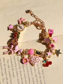 1pc Pink Leopard Heart Charm Bracelet, Cute Bow Heart Bracelet, Strawberry & Star Girl Bracelet, Fake Food Donut Bracelet, Religious Virgin Mary Bracelet - Gold - View 4