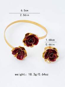 2 pezzi/set Bracciale multistrato floreale bordeaux e anello regolabile, set di gioielli elegante con fiore di rosa di alta qualità, adatto per feste, regalo di San Valentino - Bordò - Visualizzare 4