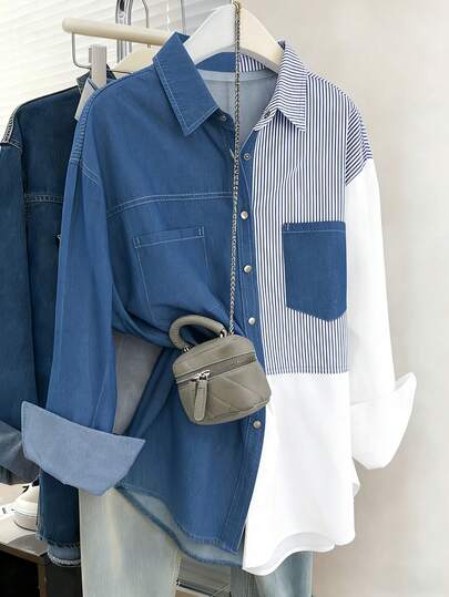 牛仔条纹，女士夏季穿搭，女士沙滩装，女士休闲衬衫，女士休闲宽松百搭长袖衬衫罩衫