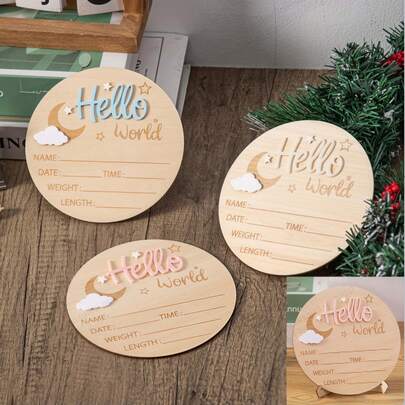 1 bảng gỗ thông báo "Hello World", thiệp tiết lộ giới tính, vật trang trí đa chức năng cho nhà cửa, phòng khách, văn phòng, quà tặng cho lễ tắm em bé, bao gồm các yếu tố trang trí hình đám mây, chữ cái và ngôi sao, cần keo để lắp ráp, không bao gồm giá đỡ.
