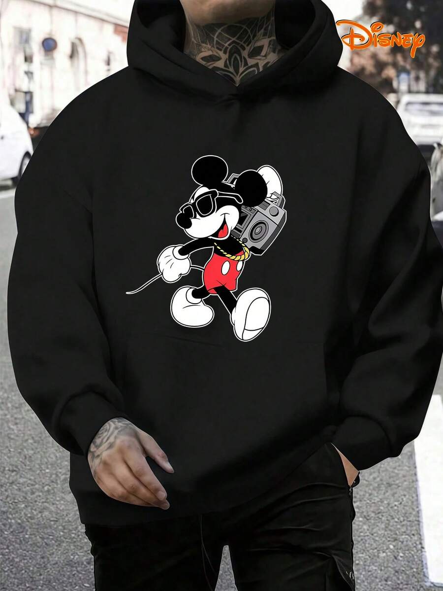Disney Men's Casual Hoodie, Retro Hip-Hop Mickey Print,  Cartoon Design, Comfortable Fit, Perfect For Streetwear & Nostalgic Style - màu đen - Xem 1