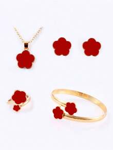 5pcs Set Lucky Clover Design Necklace Earrings Bracelet And Ring - 紅色的 - 查看 4