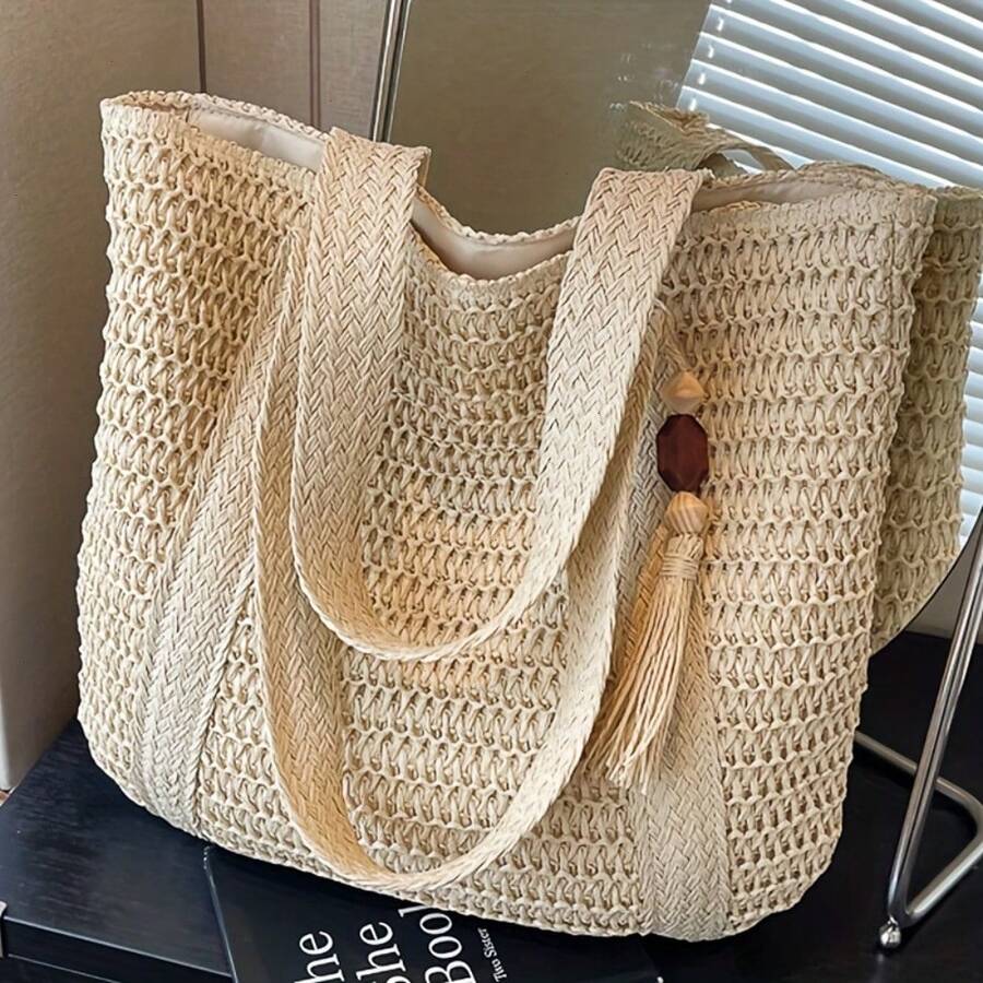 New Women'S Fashion Solid Color Shoulder Bag Is A Stylish Beach Tote. The Woven Texture Enhances The Bag'S Quality And Adds Some Flexibility. It Features A Spacious Open Interior, Making It Ideal For Daily Outings, Shopping, Commuting, School - 米色 - 查看 1
