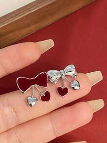 1 Pair Delicate Cute Bow Heart Stud Earrings, Niche Design Elegant Earrings Gift For Women - Red - View 6