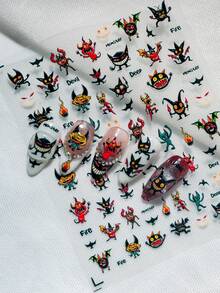 Cartoon Dark Style Nail Art Stickers, Featuring Various Cute Demon And Monster Designs With Dark Elements Such As Horns, Bat Wings, Flames, And Sharp Teeth. Quirky And Charming Style, Suitable For Young People Who Enjoy Cute Yet Edgy Aesthetics And Unique Personalities. - Multicolor - View 9