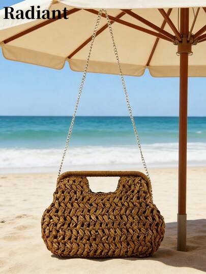 New Spring/Summer Style: Handwoven Straw Bag, Perfect For Beach Vacations, A Versatile Everyday Casual Chain Crossbody Bag For Women, A Stylish Handbag With A Clip Closure, Suitable For Commuting, Shopping, Outings, And Short Trips.