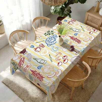 1pc Summer Mediterranean Style Food Illustration Printed Tablecloth, Yellow & White Striped Pizza & Wine Tablecloth, 55.12*86.61in(140*220cm)/55.12*70.87in(140*180cm)/55.12*55.12in(140*140m)/35.43*55.12in(90*140m), Polyester Fabric, Waterproof & Stain Resistant, Suitable For Picnic, Camping, Party, Buffet, Home Decor, Dining Table Decoration, DIY