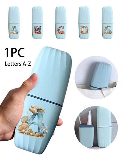 A-Z贝壳字母旅行牙刷盒，便携式浅蓝色塑料牙膏架，防水旅行洗漱用品收纳盒，适用于口腔护理必需品，浴室配件套装，商务旅行、度假、露营和日常使用的理想之选，适合旅行者、学生、家庭和送礼者，是旅行、健身、上学和送礼的完美之选，用途广泛，可用作旅行配件、浴室收纳盒和个性化礼品。