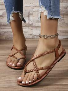 Women's Summer New Flat Sandals, Adjustable Casual Sandals, Peep Toe Gladiator Style Beach Sandals - Brown - View 2