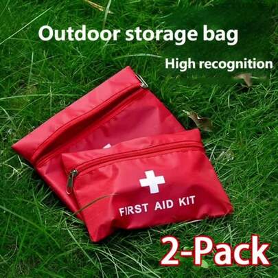 2pcs Red Medium Capacity Zipper First Aid Kit, Portable For Car, Hiking, Camping And Other Outdoor Emergencies, Practical Multi-Functional First Aid Bag