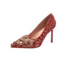 8777E-007 Pointed Toe Rhinestone Stiletto Satin Gold Edge High Heels Wedding Banquet Bride Bridesmaid Shoes Red Festive - 6.5 Vàng - Xem 7