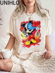 Disney UNIHLO Mickey  Print  Summer Casual Versatile Pure Cotton T-Shirt Suitable For Any Place - trắng - Xem 2