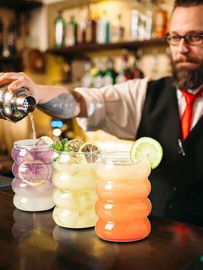 1pc 350ml Glass Cup, Wavy Glass Cup, Glass Tableware, Creative Glass Cup, Retro Beverage Cup, Striped Glass Tableware, Wavy Transparent Glass Cup, Straw Glass Cup, Beverage Glass Cup, Creative Glass Cup, Cocktail Glass