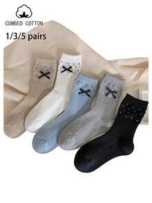 Combed Cotton Bow Tie Crew Socks, Rhinestone Ribbed Socks, 1/3/5 Pairs Cute Girl Socks - Multicolor - View 7