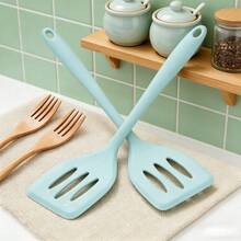 1/2pcs Heat Resistant Mini Silicone Spatula, Small Slotted Rubber Flipping Tool For Cooking Eggs/Fish/Pancakes, Kitchen Utensils (Green/Pink) - Mint Green - View 1