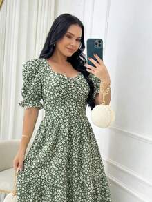 Women's Elegant Puff Sleeves Casual Party Midi Dress - 查看 2