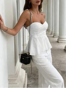 1 Piece Women's Casual Top With Ruffled Hem, Elegant Pure White Minimalist French Tank Top, Fitted Cropped Camisole, Lightweight For Vacation And Work, Front Tied Strap, Sexy Babydoll Silhouette, Spring/Summer/Autumn - 白色 - 查看 2