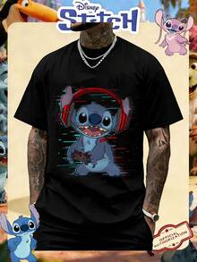 Disney Official Licensed Lilo & Stitch Stitch Gamer Glitch Print 220g Cotton Crew Neck Unisex Tee - 黑色 - 查看 1