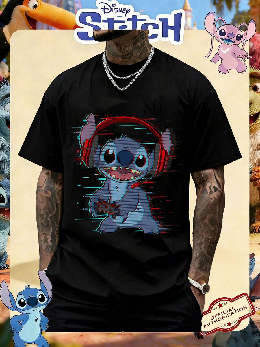 Disney Official Licensed Lilo & Stitch Stitch Gamer Glitch Print 220g Cotton Crew Neck Unisex Tee - 黑色 - 查看 1