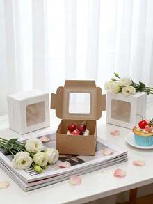 10pcs/20pcs 4*4*2.5 Inch High Quality Cake Boxes, Made Of White Cardboard And Kraft Paper With Square Window, Ideal For Mini Cake Packaging And Picnic Carrying - View 10