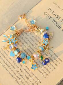 1条红色樱桃串珠手链，蝴蝶结爱心星星女孩手链，可爱樱桃十字架手链，幸运蓝色樱桃星星手链，复古爱心手链 - 寶藍色 - 查看 7