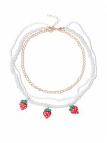 Colorful Beaded Handmade Strawberry Pendant Necklace, Multi-Layer Fashion Accessory, Gift For Teenage Girls - one-size - View 10