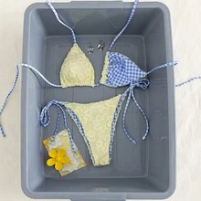 两件套花卉纹理挂脖三角比基尼套装，配格纹肩带 - 可爱Y2K风格泳装，适合海滩和泳池，夏季女士度假泳装 - 彩色 - 查看 5