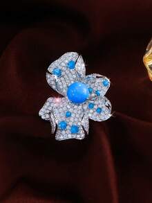 1 pieza Anillo ajustable con flor de turquesa azul grande, joyería de mujer plateada en plata con circonita cúbica para boda, compromiso, banquete, fiesta, baile de graduación, vacaciones, accesorios de disfraz - Azul - Ver 7