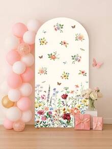 1pc Spring Floral Polyester Fiber Backdrop Cloth Set (Excluding Stand), Arch-Shaped Fabric Set With Butterfly & Wild Flower Pattern, Can Be Combined With Balloons For Decoration, Backdrop, Birthday Decor, Baby Shower, Anniversary, Gardening, Tea Party, Spring Party Decor - Flowers - View 6