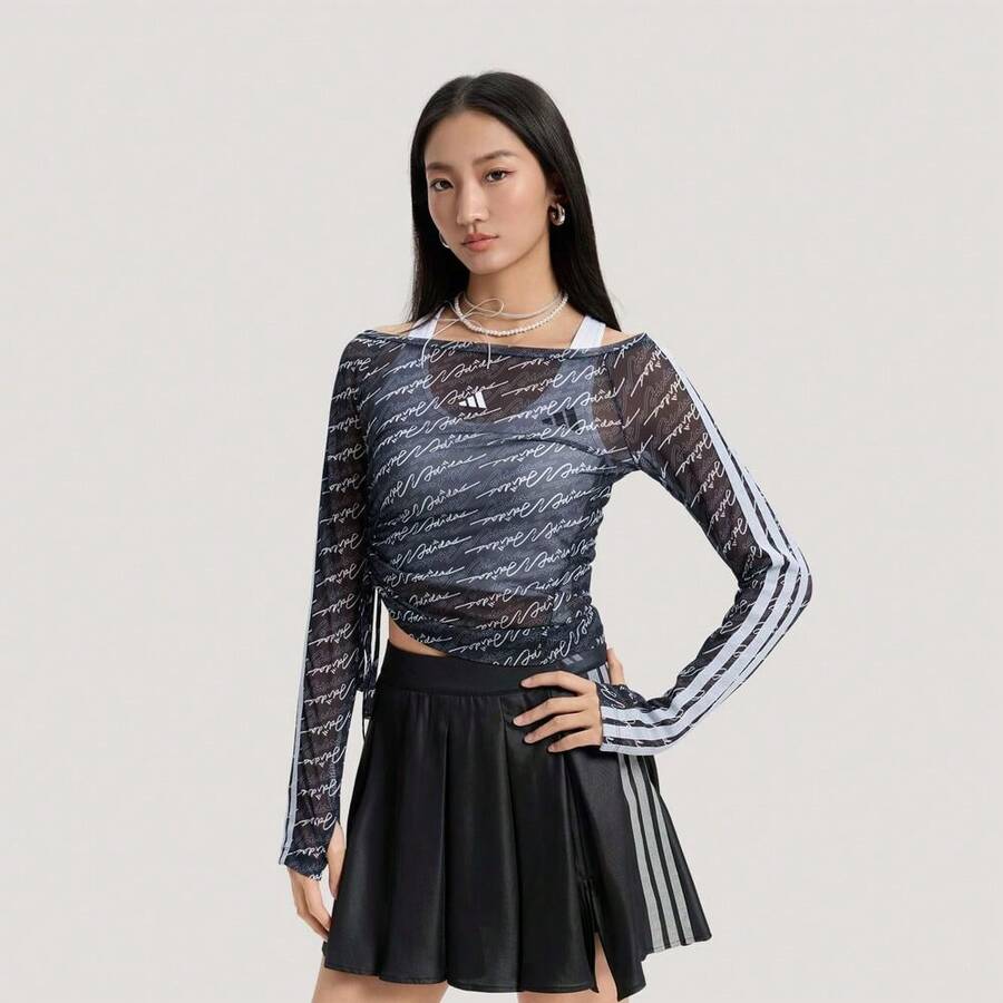 Adidas DCE 女士网眼长袖T恤针织无领TKS5308 - 黑色 - 查看 1