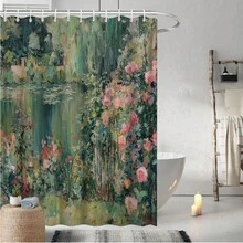 2D Flat Printing ,1 Piece Of Retro Shower Curtain - A Fashionable Bathroom Decoration Shower Curtain With Oil Painting Printing Pattern, Designed With Pink Roses, Green Leaves, And Water Waves - Soft Pink Color Scheme Depicting Impressionist Style Garden And Lake Scenery In Green And Pink - Made Of Machinable Facial Cleanser - Versatile For All Seasons - A - 查看 3